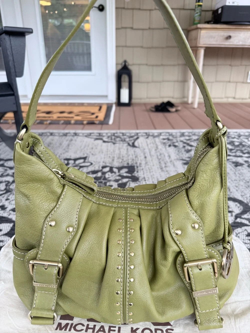 Michael Kors Olive Green Leather Studded Hobo Shoulder Bag